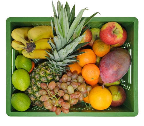 Grüne NAPF-Kiste gefüllt mit Obst