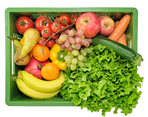 Grüne NAPF-Kiste gefüllt mit Obst und Gemüse