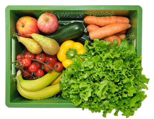 Grüne NAPF-Kiste gefüllt mit Obst und Gemüse