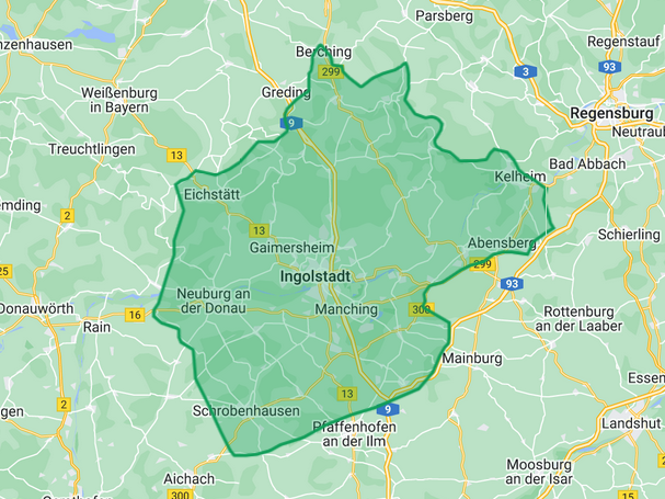 Karte des Liefergebietes, zentriert um Ingolstadt